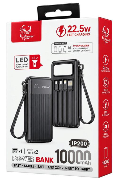 iPhoenix 10,000mAh Travel Power Bank with 4in1 Cables and Digital Display Black IP200